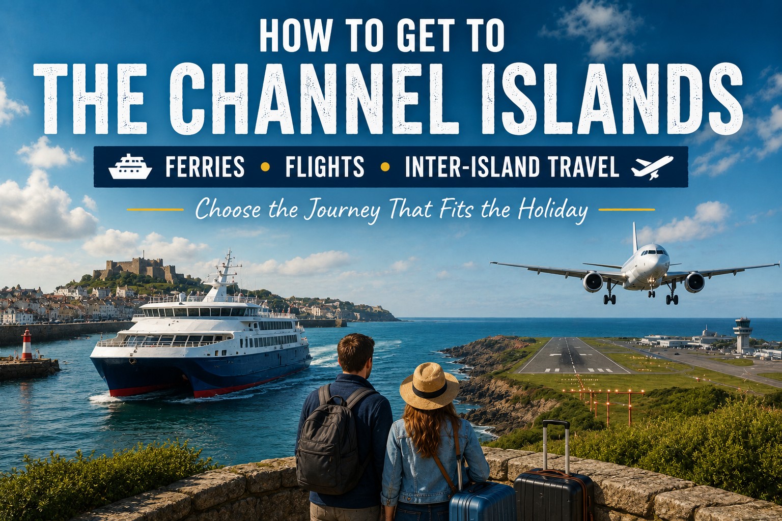 Travellers overlooking a Channel Islands ferry and arriving passenger aircraft, illustrating ferry, flight and inter-island travel options