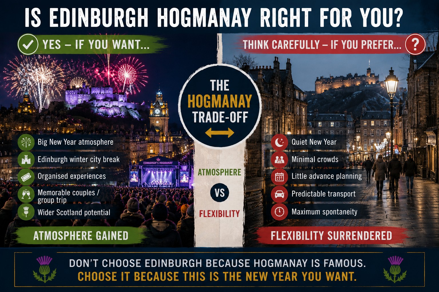 Split comparison of Edinburgh Hogmanay showing fireworks and large New Year celebrations alongside a quieter winter Edinburgh scene, highlighting the trade-off between atmosphere and flexibility.