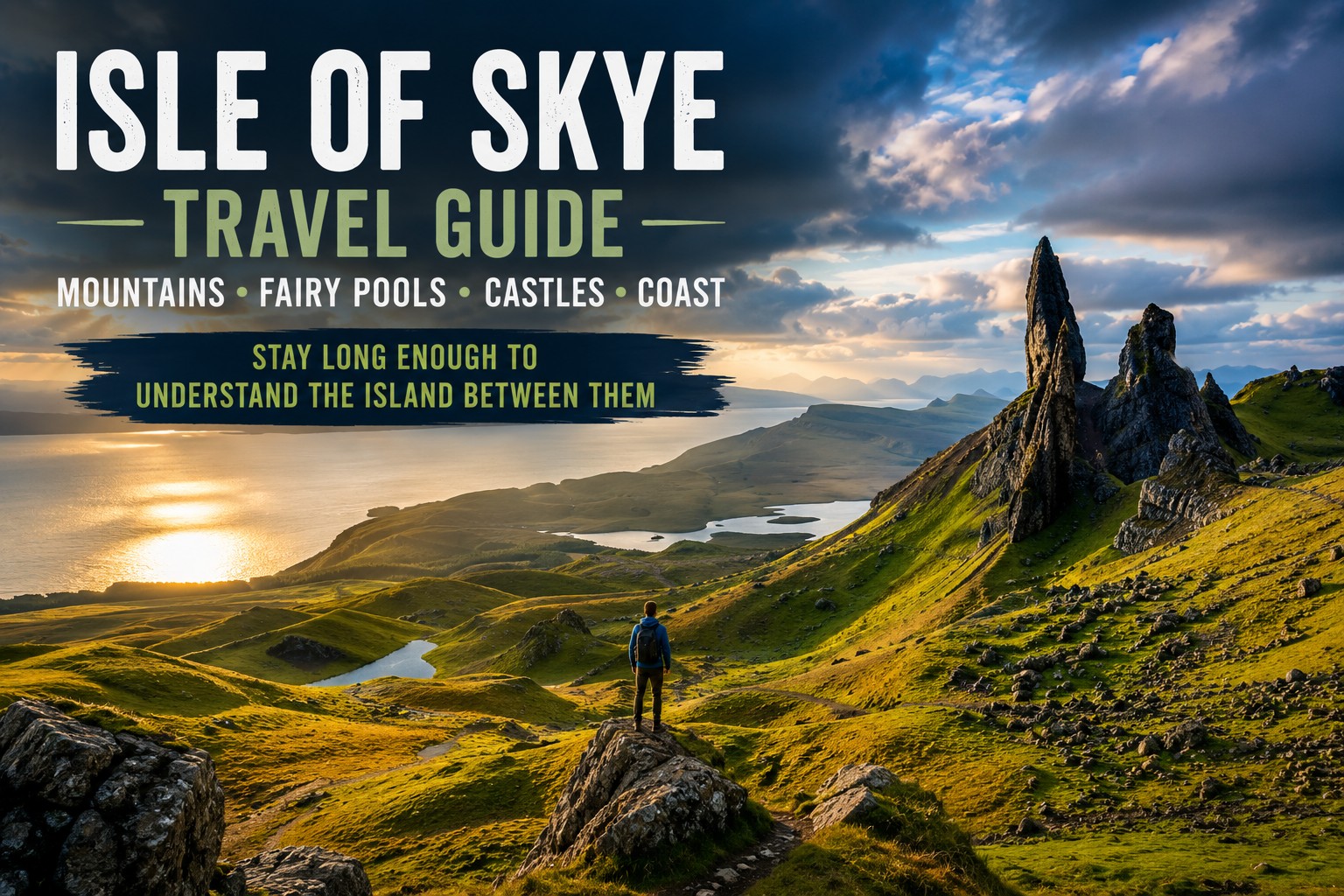 Old Man of Storr and dramatic Trotternish landscape on the Isle of Skye, with a walker overlooking mountains, lochs and the Scottish coast.
