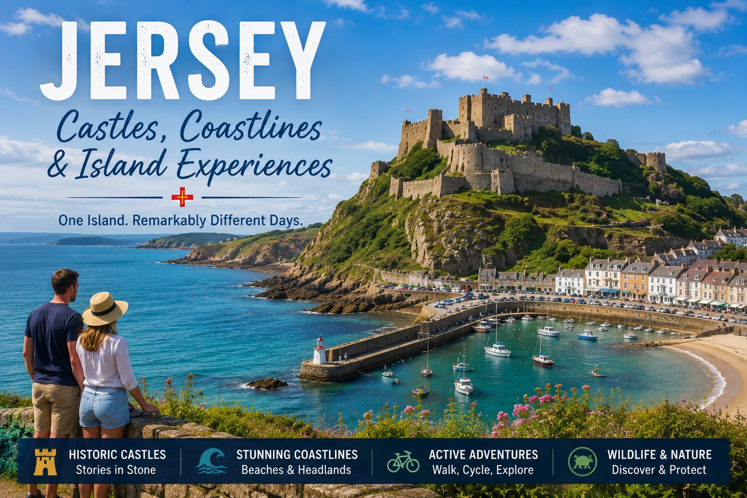 Mont Orgueil Castle above Gorey Harbour in Jersey with boats, coastline and visitors overlooking the sea