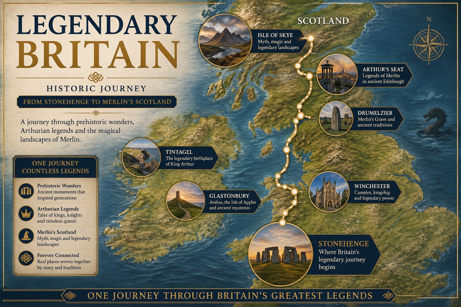 Illustrated map of Britain highlighting a legendary travel route from Stonehenge through Glastonbury, Tintagel and Winchester to Drumelzier, Arthur's Seat and the Isle of Skye, showing how Britain's greatest historic and legendary landscapes are connected.