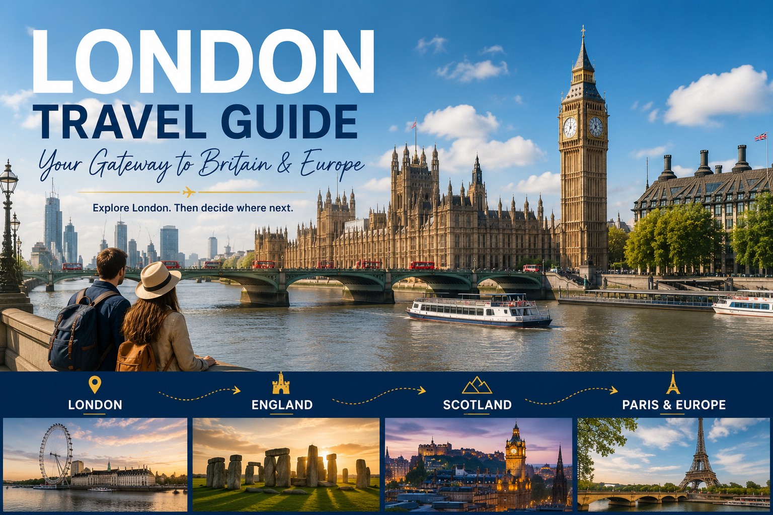 London Travel Guide gateway image showing the River Thames, Westminster Bridge, Houses of Parliament and Elizabeth Tower, with travellers overlooking London and onward journey imagery for England, Scotland, Paris and Europe.