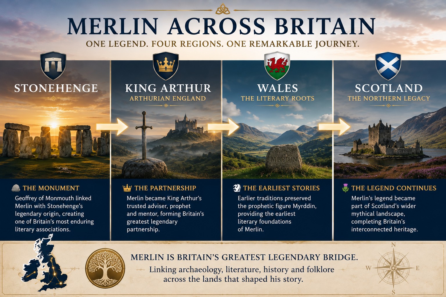 A four-panel educational infographic showing Merlin's connections across Britain through Stonehenge, King Arthur, Wales and Scotland, illustrating how archaeology, medieval literature and regional folklore combined to shape Britain's greatest legendary figure.