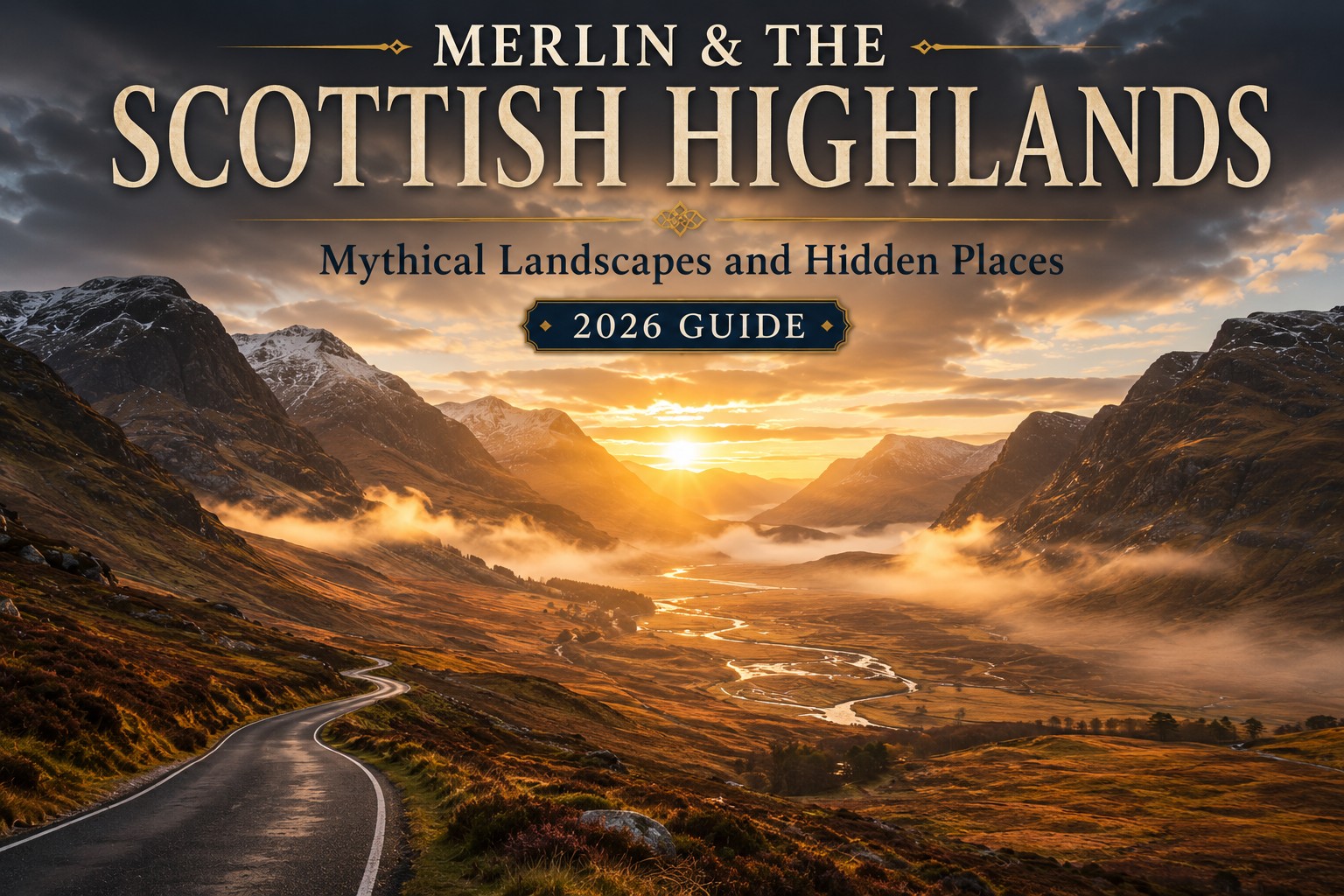 A winding road leads through Glen Coe beneath towering Highland mountains at sunrise, with drifting mist, golden light and dramatic skies capturing the timeless wilderness that inspired generations of Merlin legends and Scottish folklore.