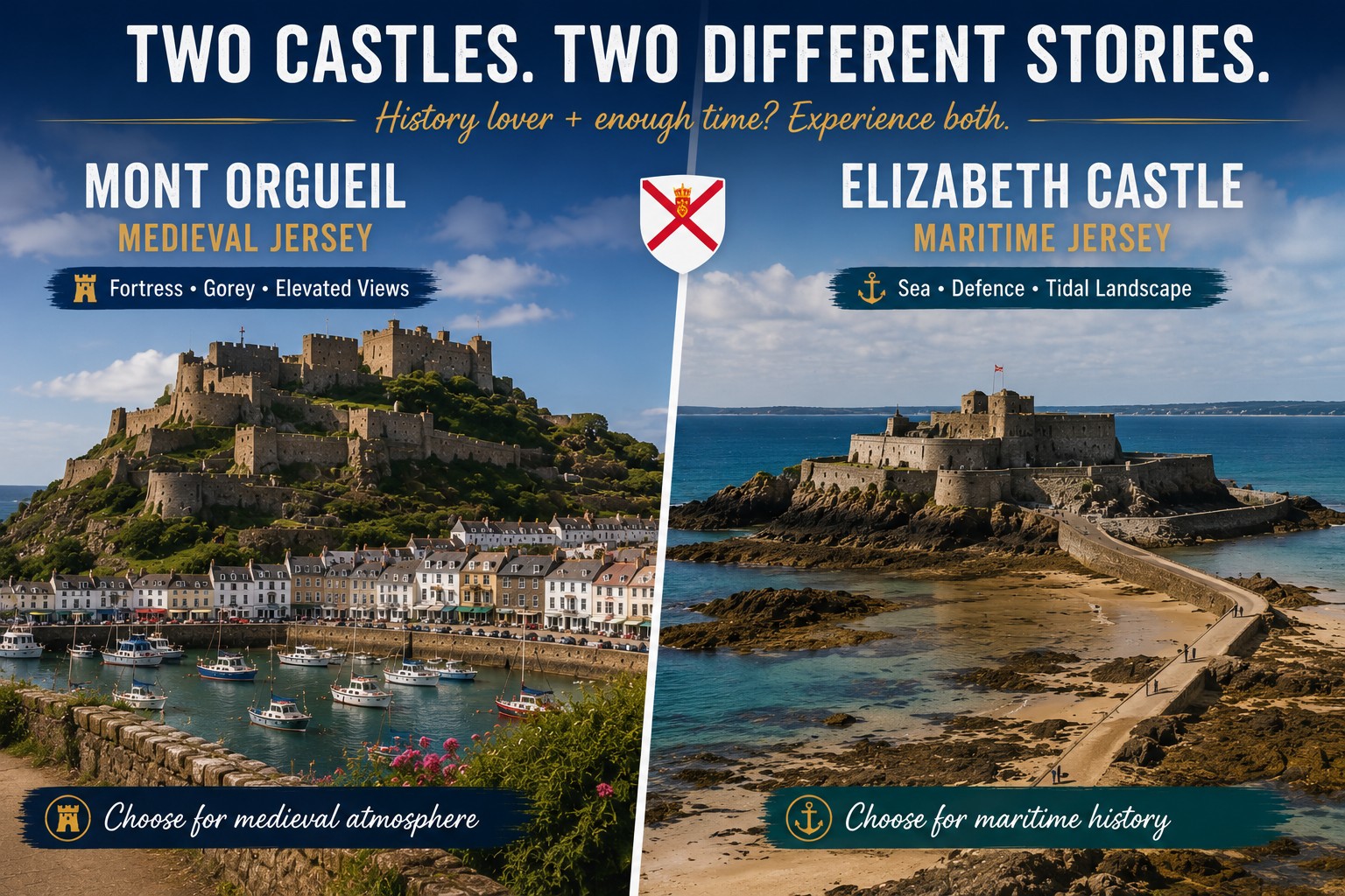 Mont Orgueil and Elizabeth Castle comparison showing Jersey’s medieval Gorey fortress and maritime tidal castle