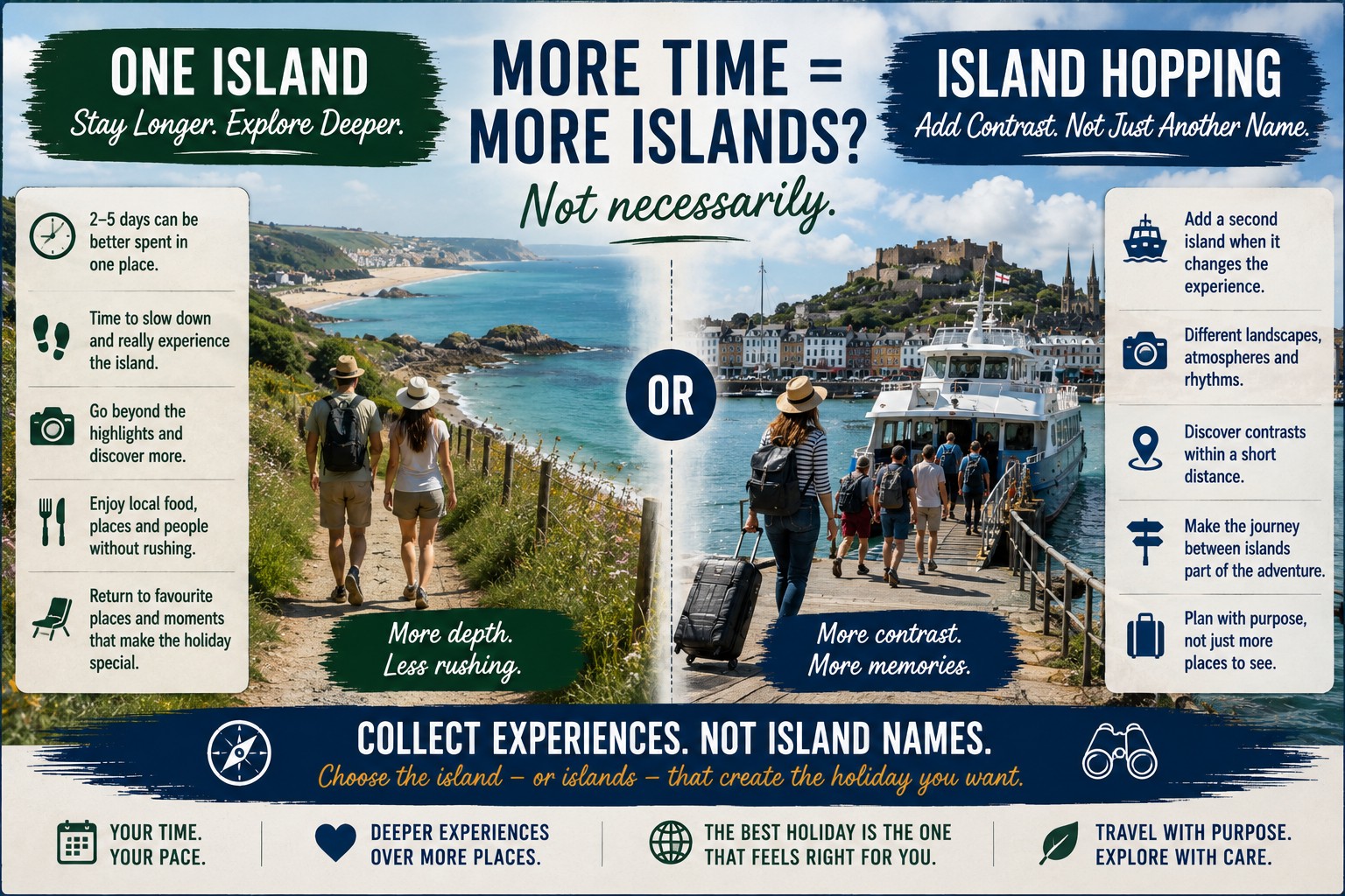Channel Islands comparison showing a slower single-island stay versus island hopping by ferry between destinations