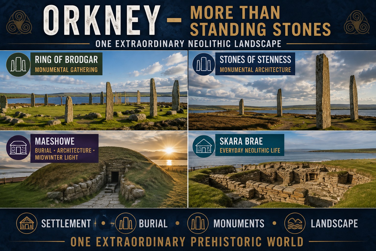 Four-panel guide to prehistoric Orkney showing the Ring of Brodgar, Stones of Stenness, Maeshowe and Skara Brae within the islands’ wider Neolithic landscape.