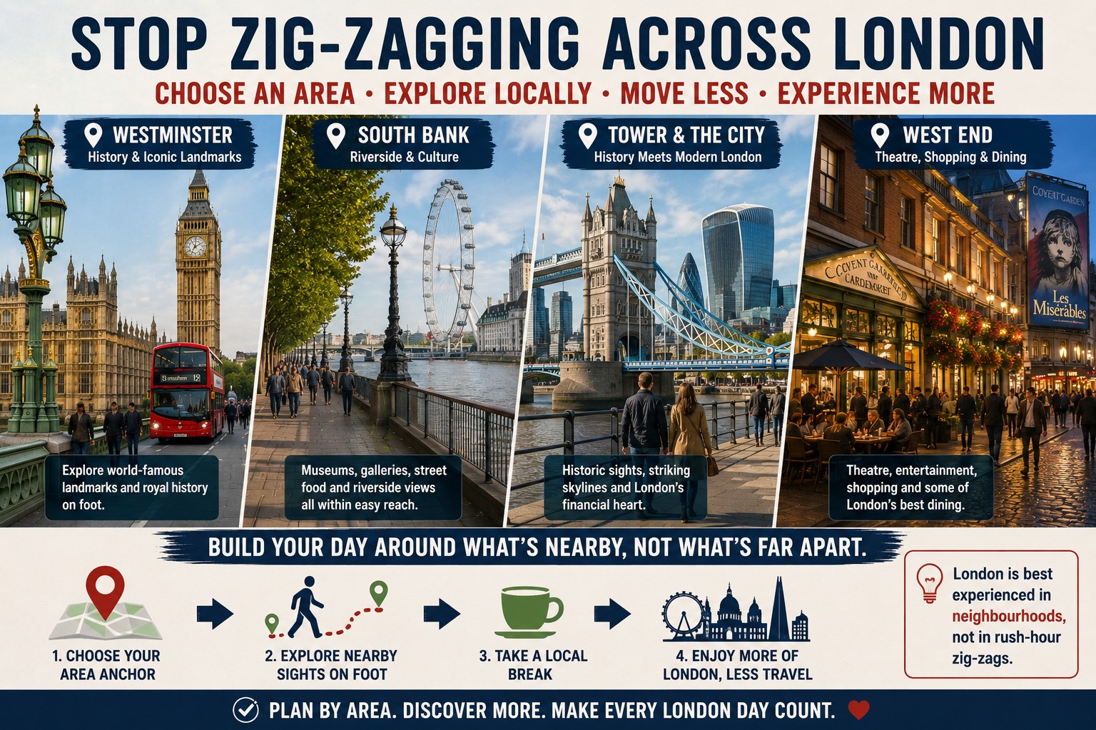 London neighbourhood planning guide showing Westminster, South Bank, Tower Bridge and the City, and the West End, encouraging first-time visitors to explore nearby sights rather than repeatedly crossing London.