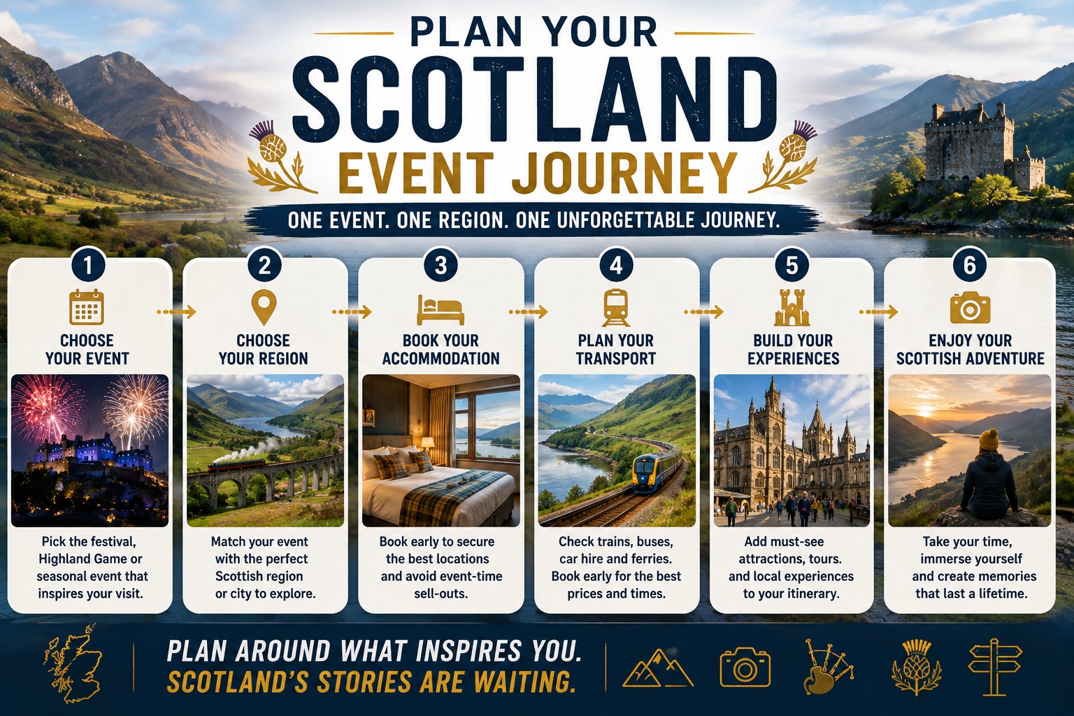 A premium travel planning infographic illustrating a six-step Scotland event journey, guiding visitors from choosing a festival or Highland Games to selecting a region, booking accommodation, arranging transport, exploring local attractions and enjoying a complete Scottish adventure against a dramatic Highland landscape.