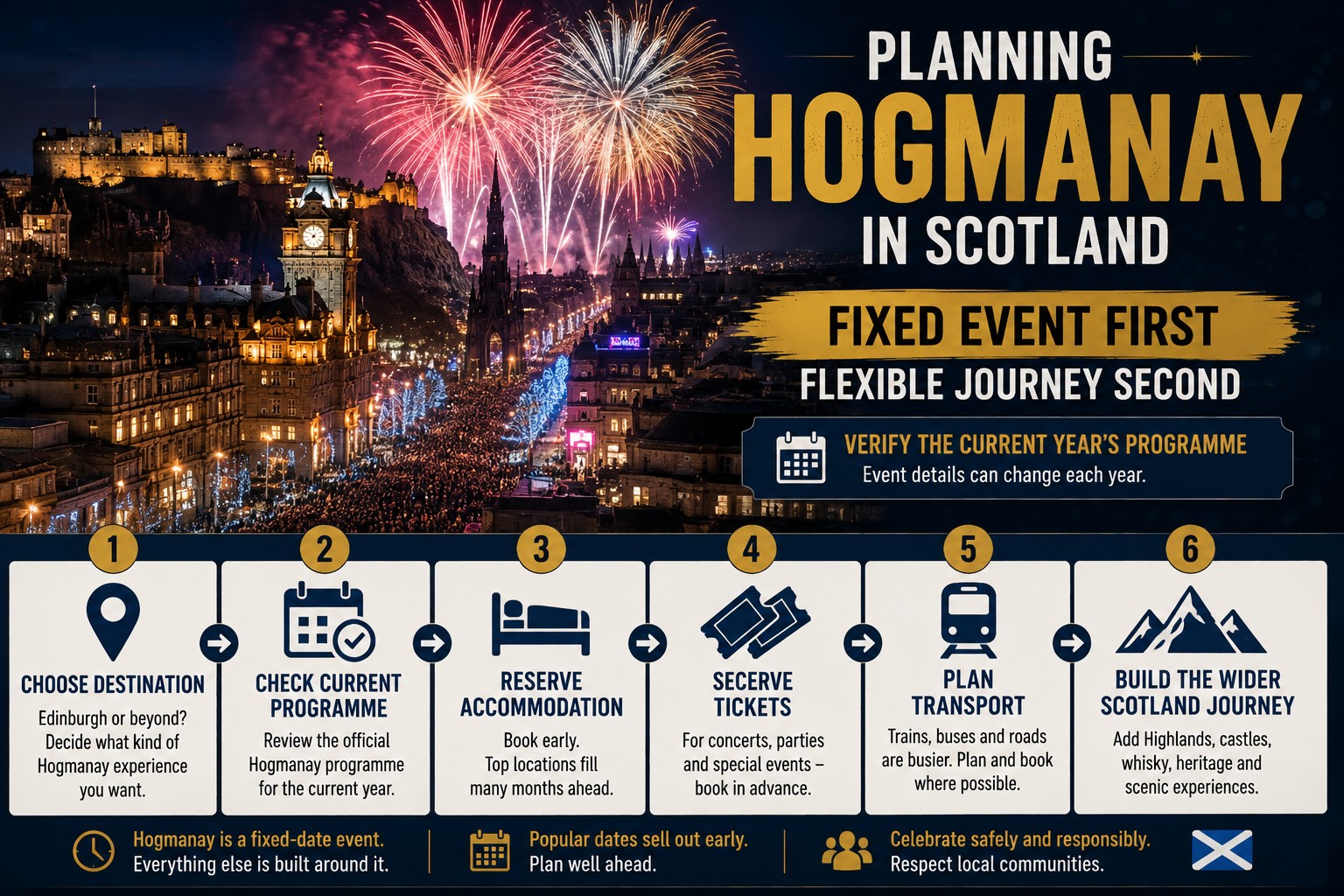 Edinburgh Hogmanay celebration with fireworks over the city and a six-step guide to planning accommodation, tickets, transport and a wider Scotland journey.