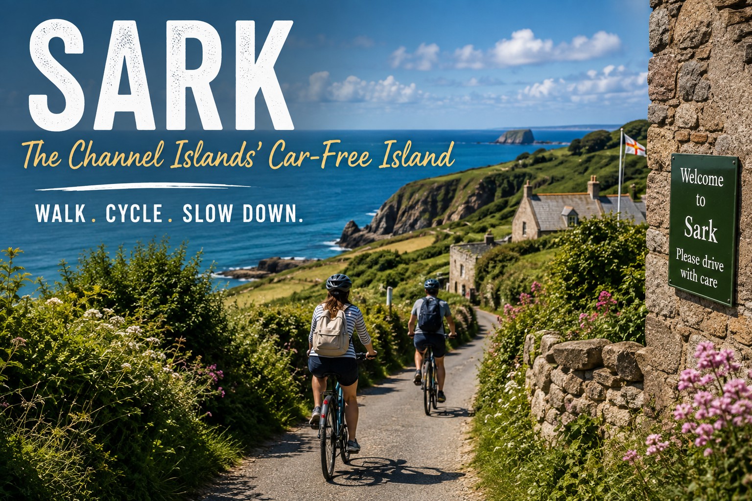 Cyclists exploring a quiet car-free lane on Sark with stone cottages, green cliffs and the Channel Islands coastline