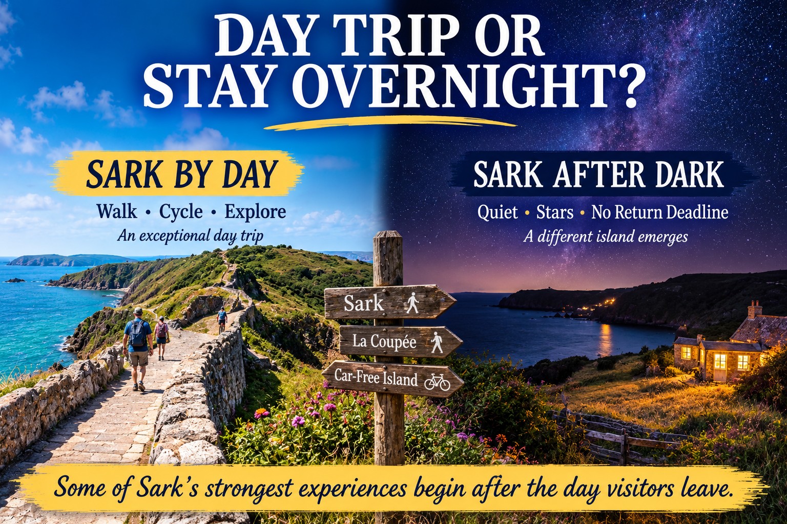 Sark day trip and overnight comparison showing walkers crossing La Coupée in daylight and the island coastline beneath a dark star-filled sky