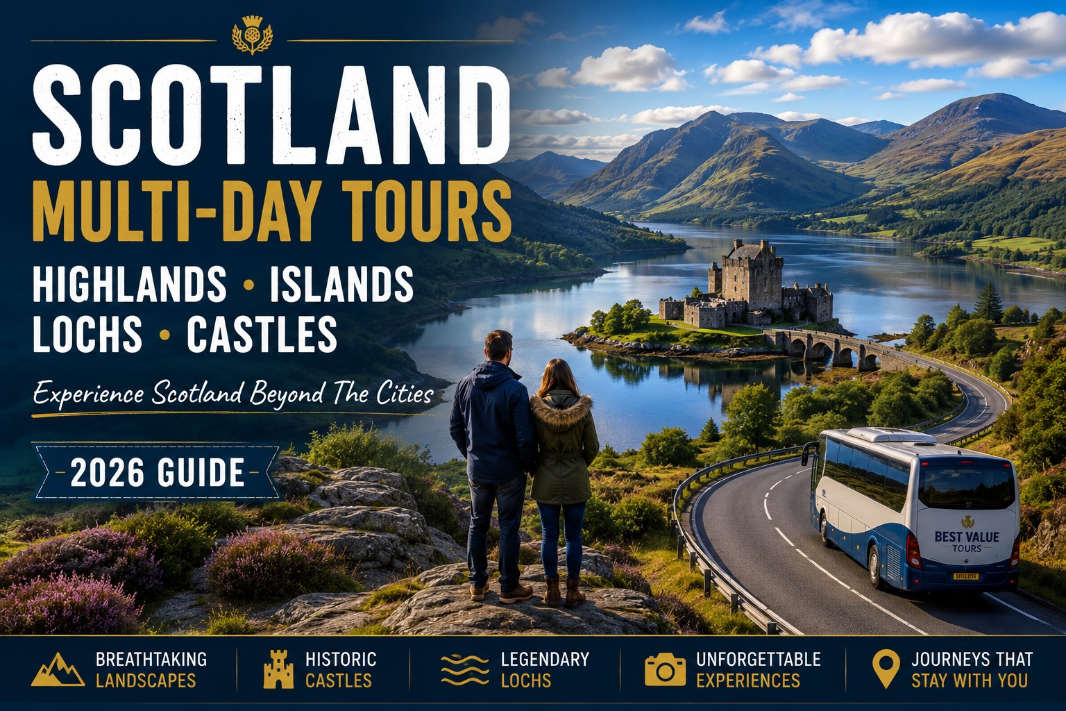 A premium cinematic travel scene showing a luxury touring coach winding through the Scottish Highlands beside a tranquil loch overlooked by a historic castle, while a couple admire the spectacular mountain scenery, illustrating the unforgettable experience of a Scotland multi-day tour.
