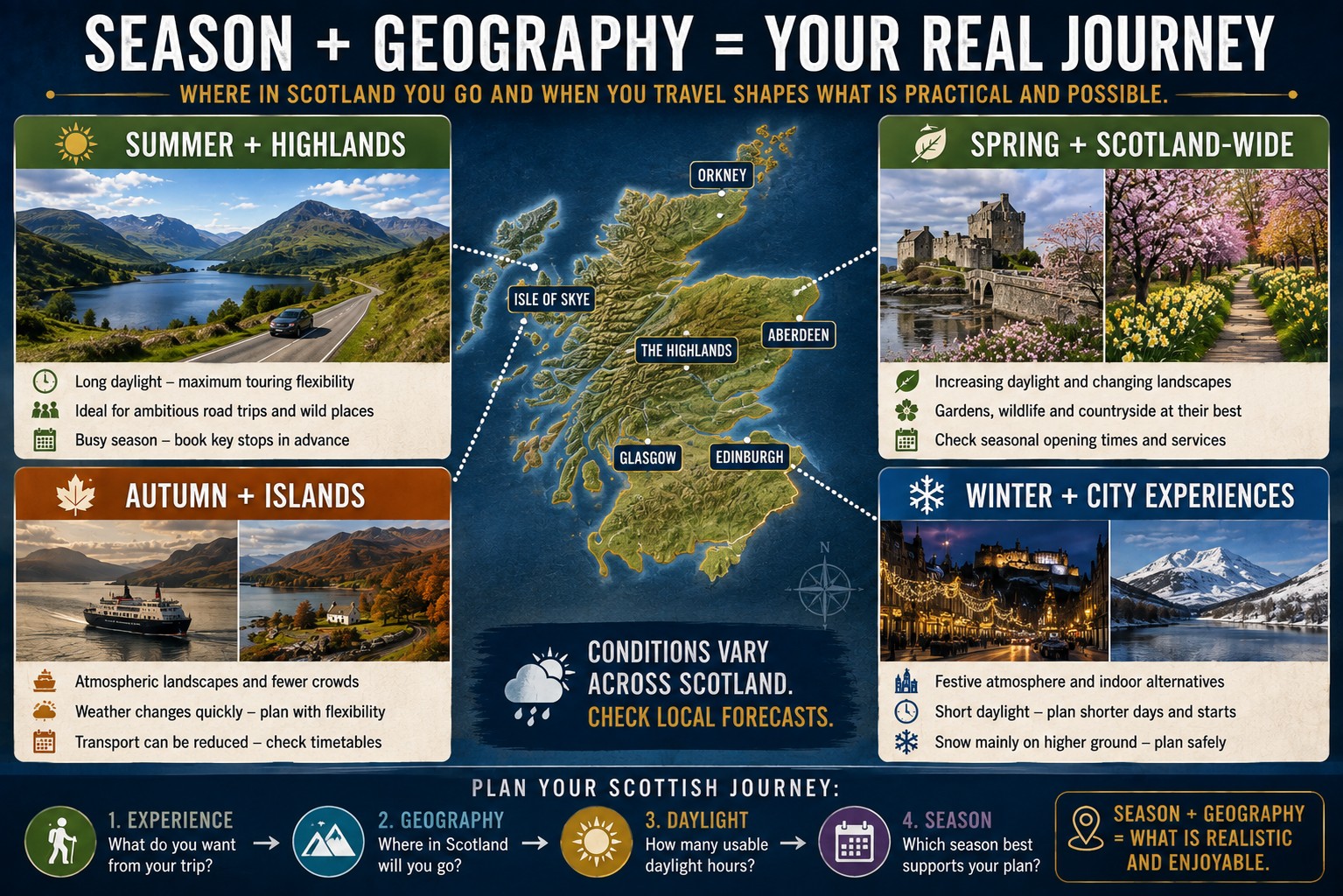 Scotland seasonal travel planning infographic with a central map showing the Highlands, Isle of Skye, Orkney, Edinburgh and Glasgow alongside spring, summer, autumn and winter journey examples.