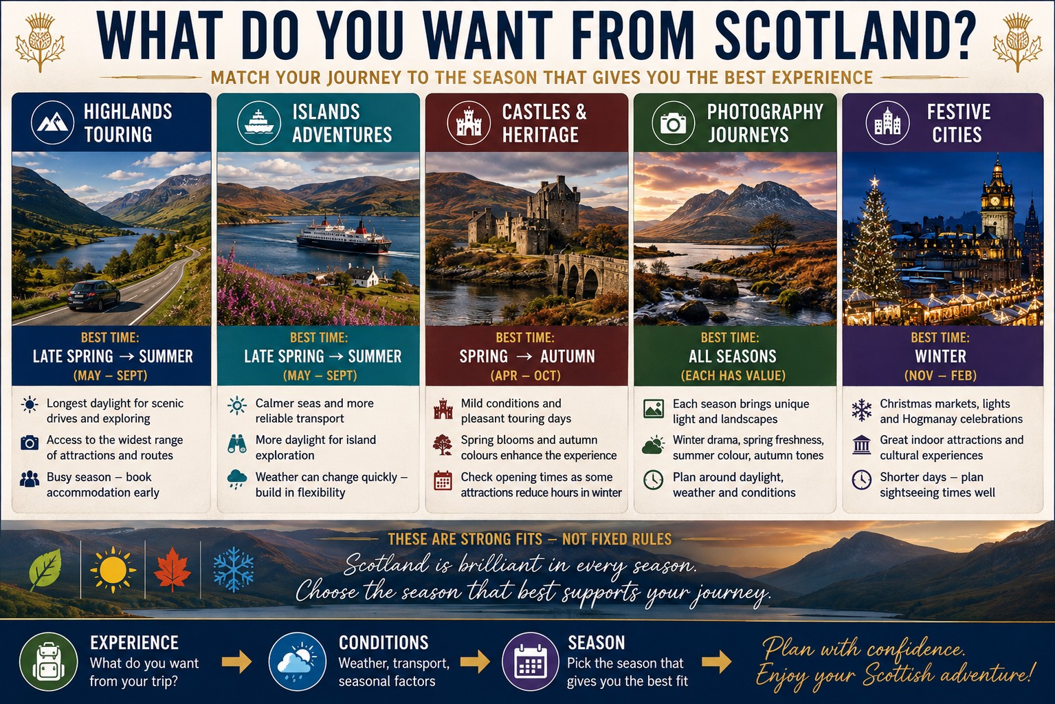 Scotland seasonal journey planner comparing Highlands touring, island adventures, castles and heritage, photography journeys and festive city breaks with suggested travel seasons.