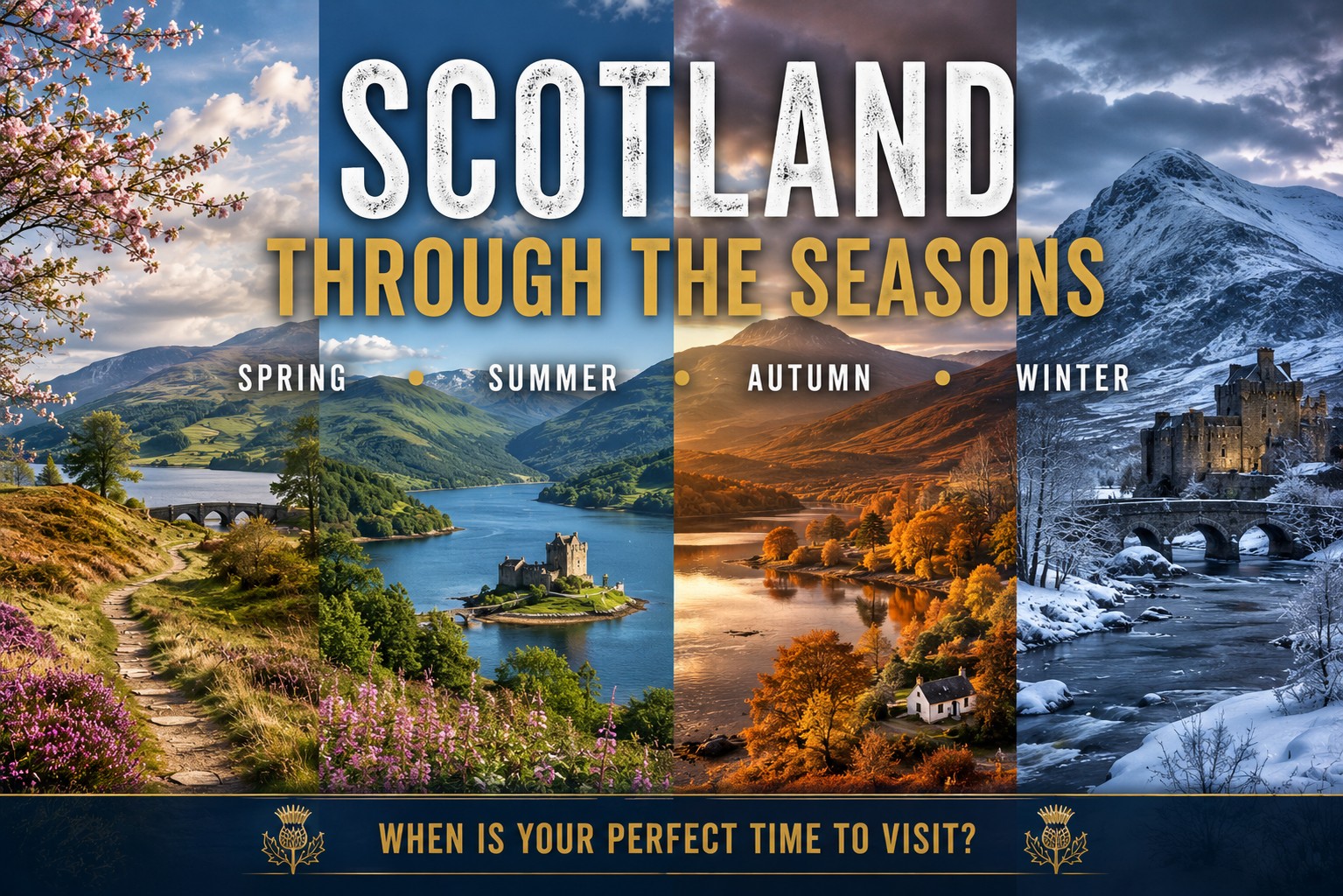 Four-season Scotland landscape showing spring blossom, a lush summer Highland loch, autumn colours and a snow-covered winter mountain scene.
