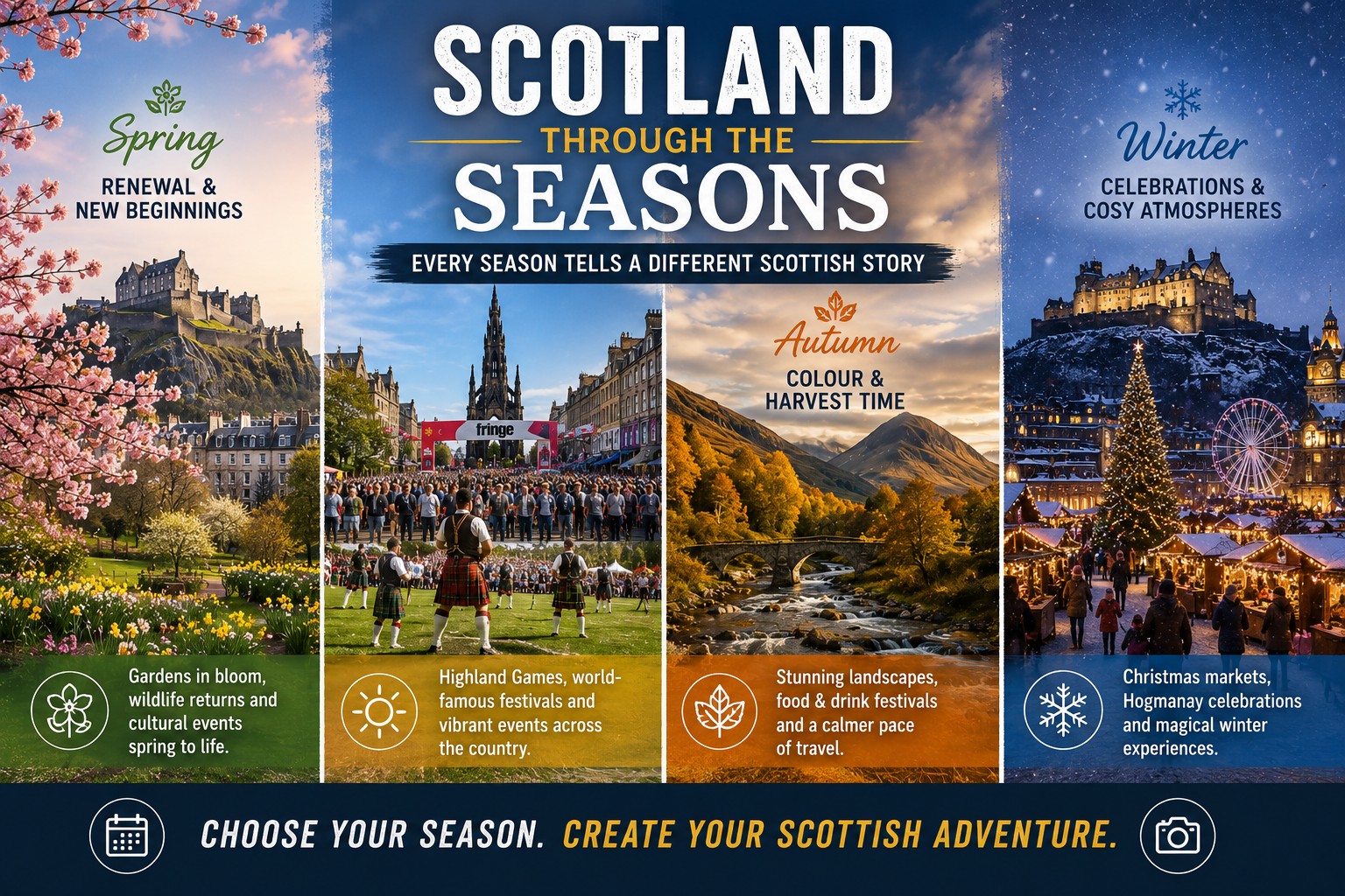 A premium four-panel infographic illustrating Scotland through the seasons, featuring spring blossom and gardens, vibrant summer festivals and Highland Games, colourful autumn Highland landscapes and festive winter celebrations, helping travellers choose the best season for their Scottish adventure.