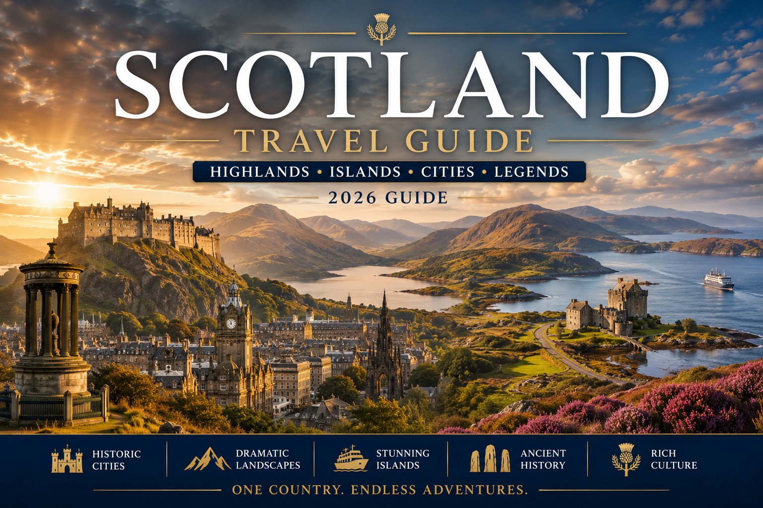 A panoramic view of Scotland combining Edinburgh Castle, the capital skyline, Highland mountains, peaceful lochs, island coastlines and a historic west coast castle, showcasing Scotland's diverse landscapes, cities and heritage in one realistic travel scene.