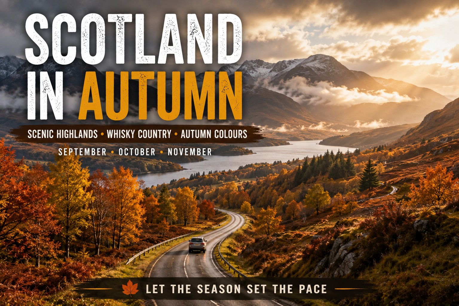 Scenic autumn road through the Scottish Highlands beside a loch, surrounded by gold and russet woodland, mountains, mist and low seasonal sunlight.