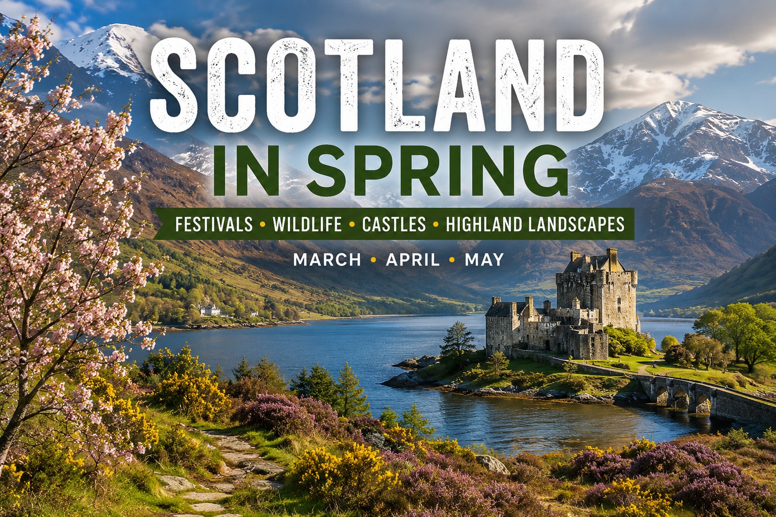 Scotland in spring with snow-capped Highland mountains, a loch, historic castle, blossom and colourful spring vegetation.
