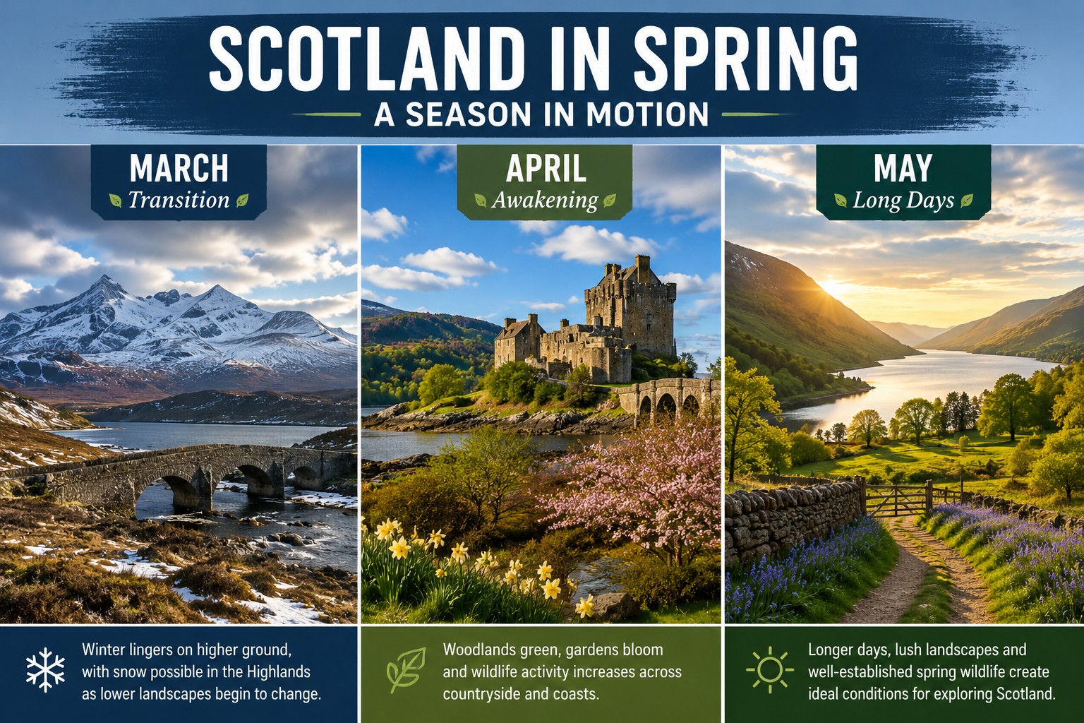 Three-panel comparison of Scotland in March, April and May showing snowy Highlands, emerging spring blossom and green landscapes beneath longer evening light.