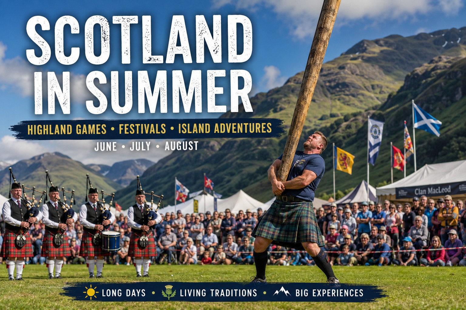 Highland Games in Scotland during summer with a caber toss competitor, pipe band, spectators and Highland mountains.