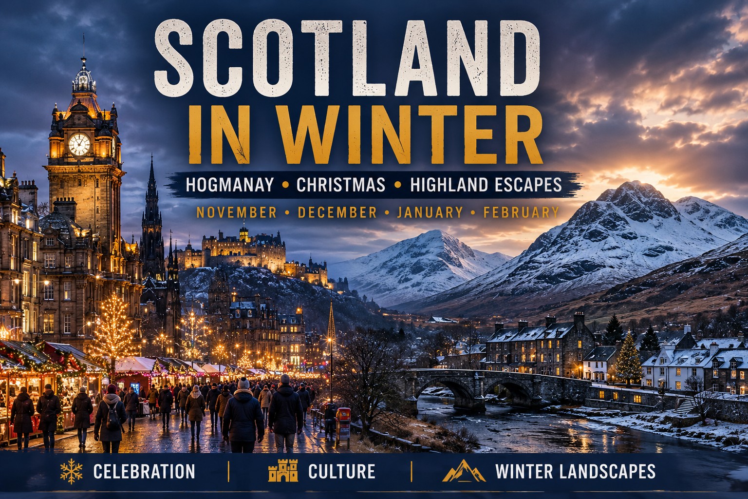 Winter Scotland showing festive Edinburgh at night alongside snow-dusted Highland mountains, a river, stone bridge and village.