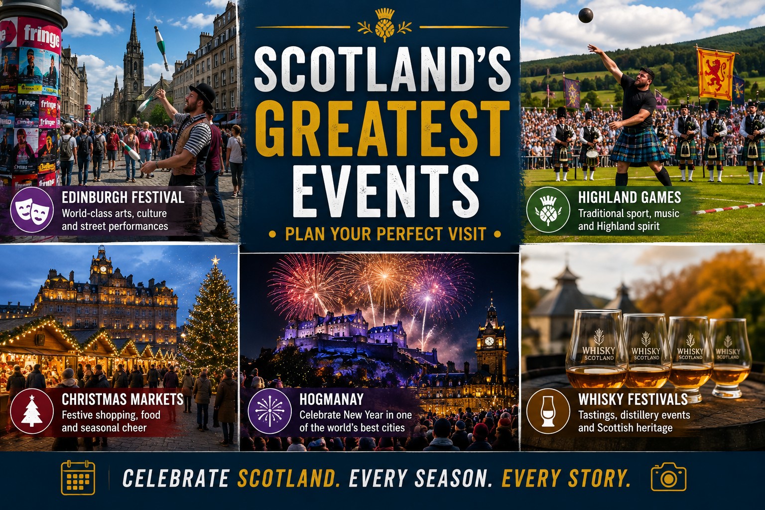 A premium six-panel travel montage showcasing Scotland's greatest annual events, including the Edinburgh Festival, Highland Games, Christmas markets, Hogmanay celebrations and whisky festivals, highlighting the rich variety of cultural experiences available throughout the year.