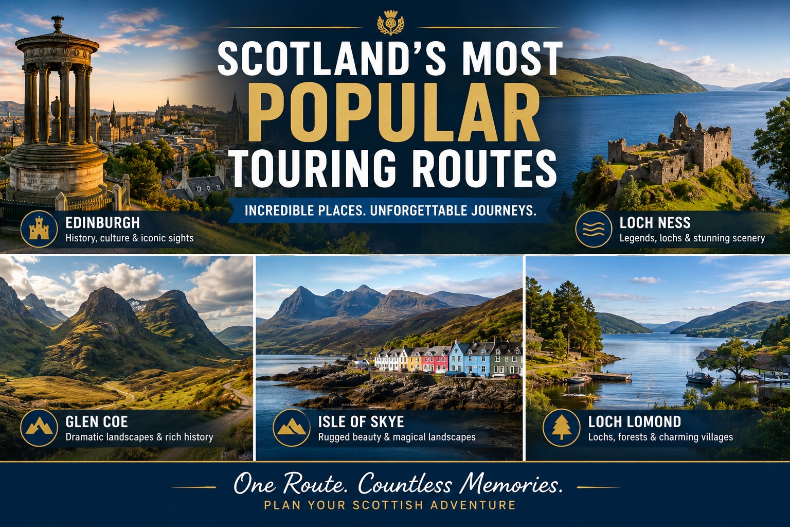 A premium six-panel travel montage showcasing Scotland's most popular touring routes, featuring Edinburgh, Loch Ness, Glen Coe, the Isle of Skye, Loch Lomond and the Highlands, helping travellers compare Scotland's classic itineraries and choose the route that best matches their available time and interests.