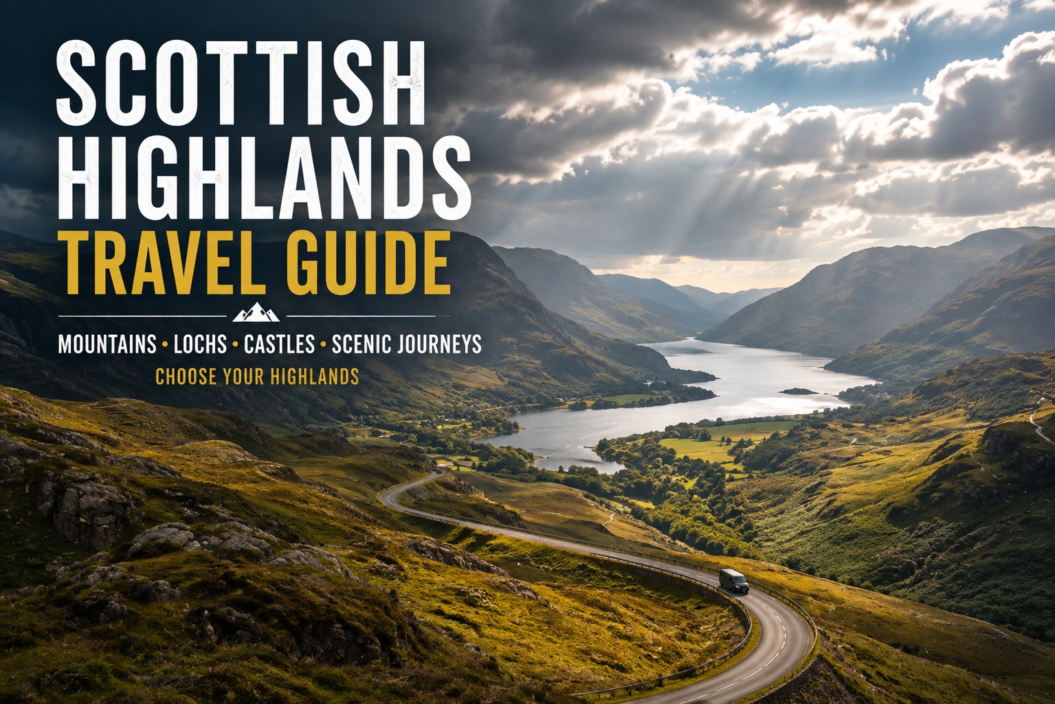 Dramatic Scottish Highlands landscape with mountains, a winding scenic road and a long loch beneath changing clouds and shafts of sunlight.
