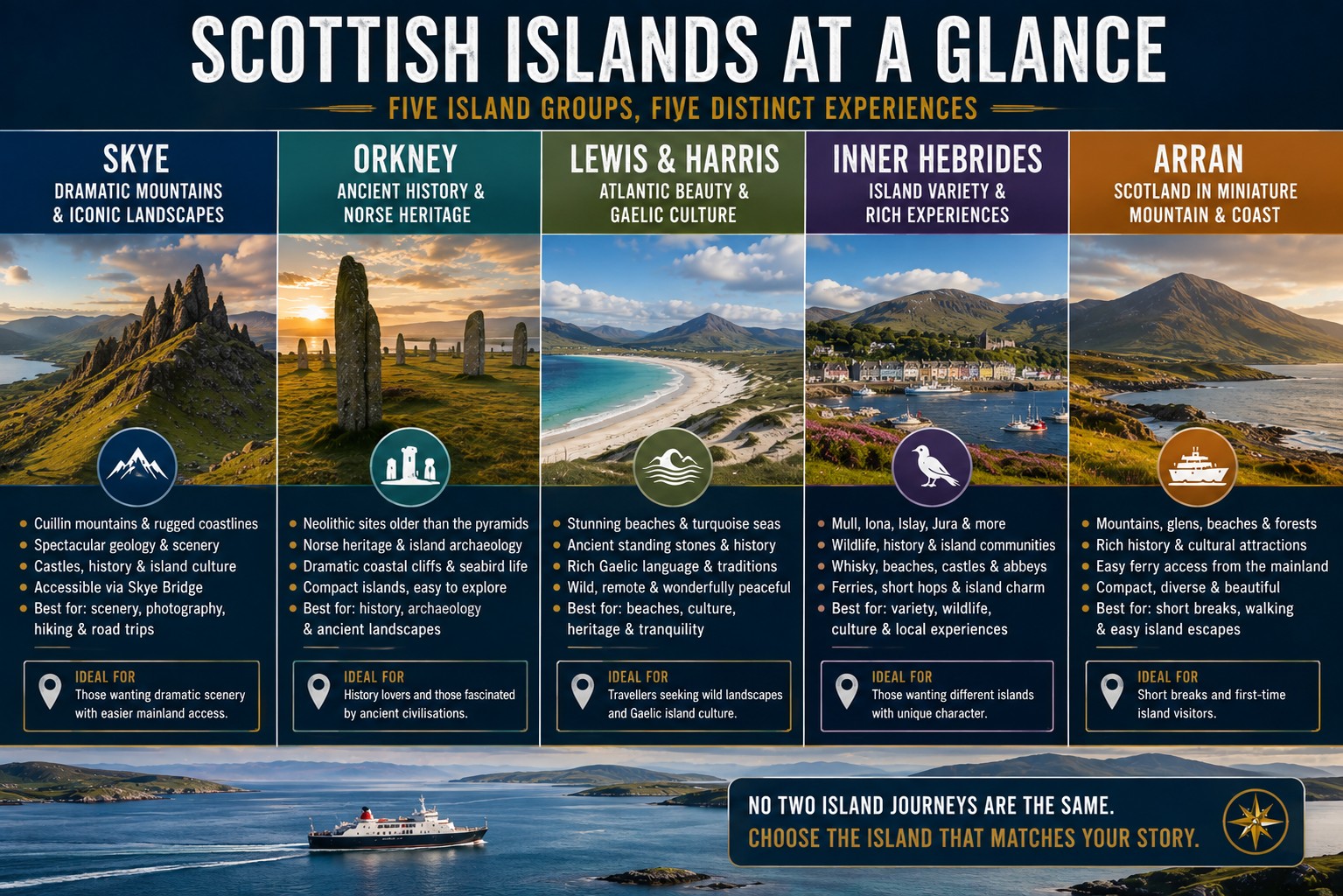 Five-part Scottish islands comparison showing Skye, Orkney, Lewis and Harris, the Inner Hebrides and Arran with representative mountain, archaeological, beach, harbour and coastal scenery.