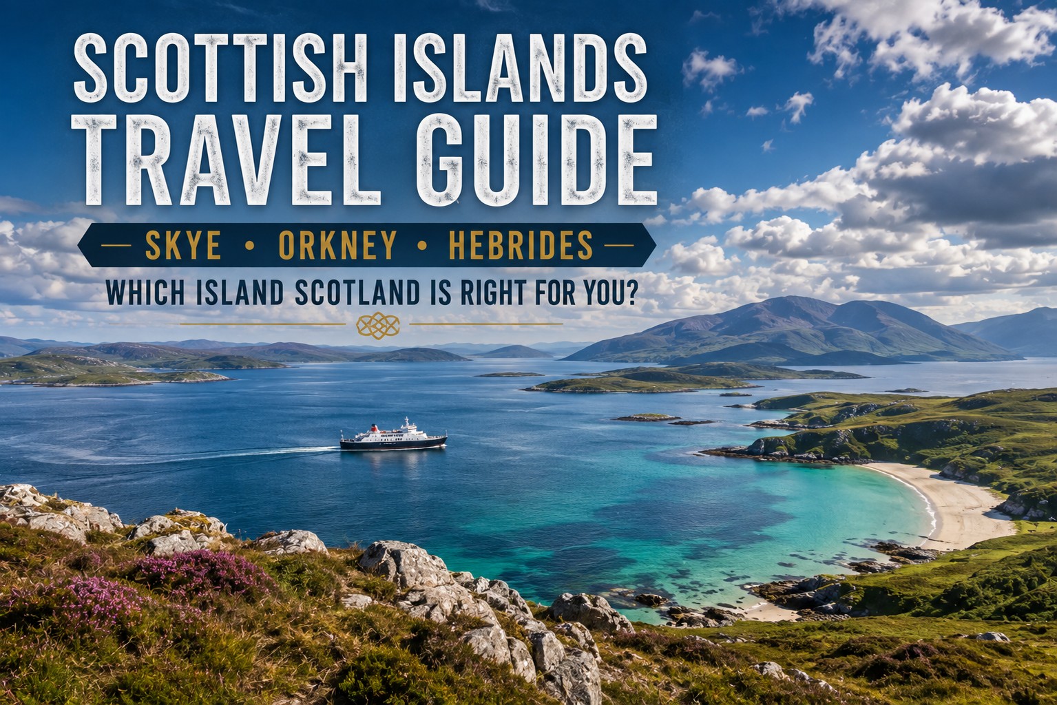 Panoramic Scottish islands landscape with turquoise coastal water, white sandy beach, rugged mountains and a ferry travelling between islands.