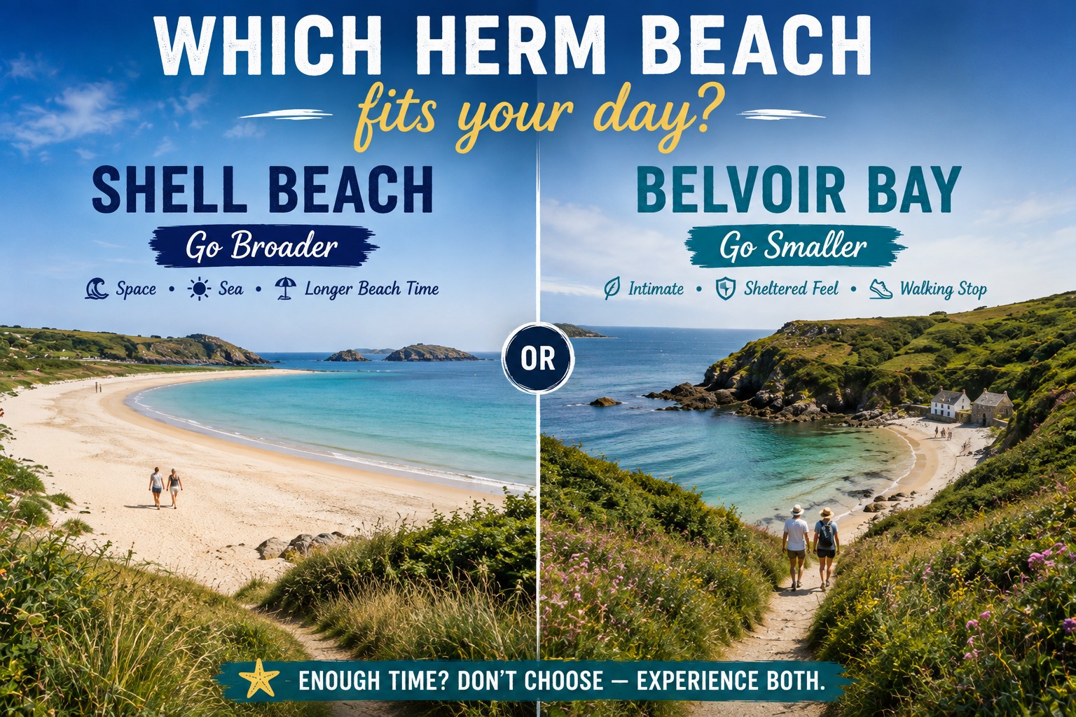 Split comparison of Shell Beach and Belvoir Bay on Herm showing a broad sandy beach and a smaller sheltered coastal cove