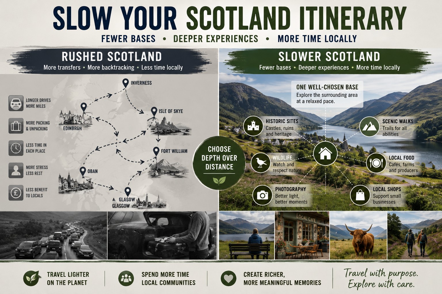 Split comparison showing a rushed multi-stop Scotland itinerary beside a slower journey using one regional base for walks, wildlife, historic sites, local food and shops.