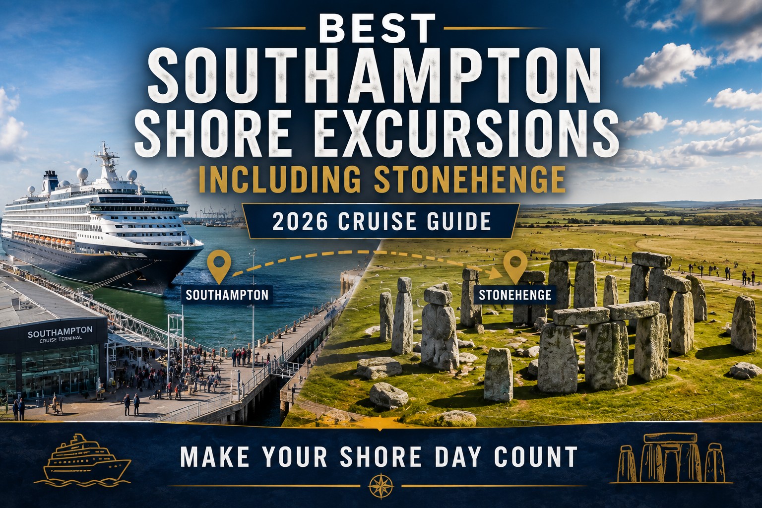 Cruise ship at Southampton beside a realistic view of Stonehenge on Salisbury Plain, illustrating a Southampton shore excursion to Stonehenge for cruise passengers.