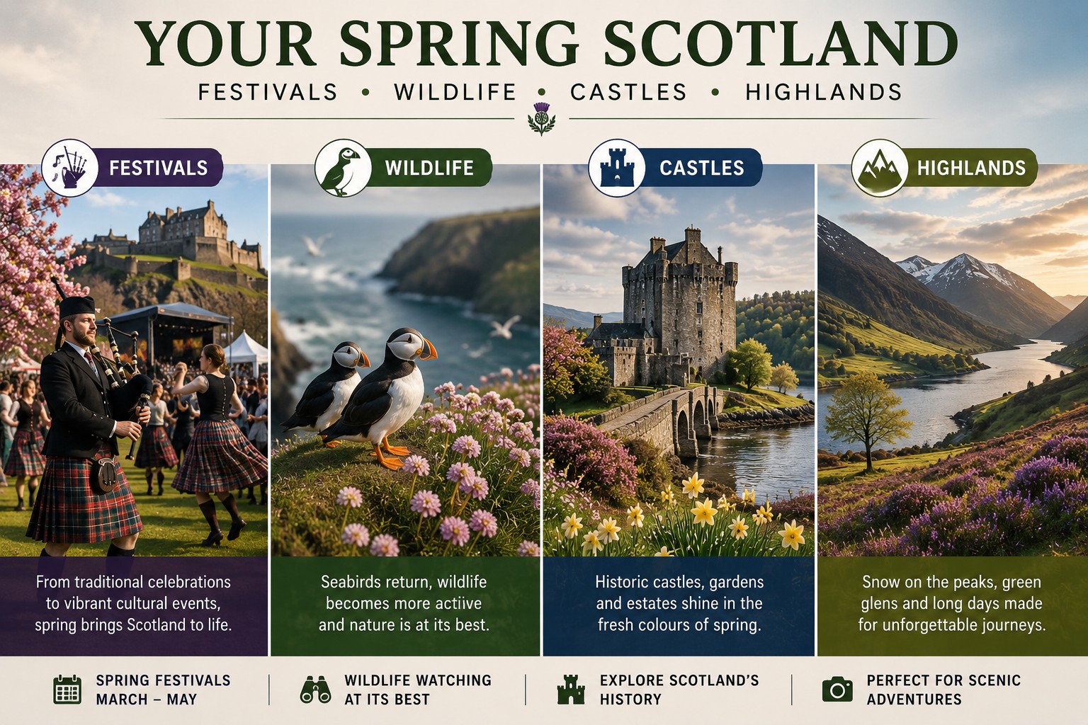Four-panel spring Scotland guide showing a cultural festival, puffins on the coast, a historic castle and a green Highland glen with snow-capped mountains.