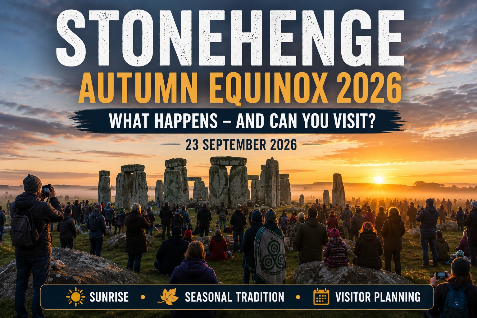Stonehenge at sunrise during an Autumn Equinox gathering, with visitors watching the changing light across Salisbury Plain on 23 September 2026.
