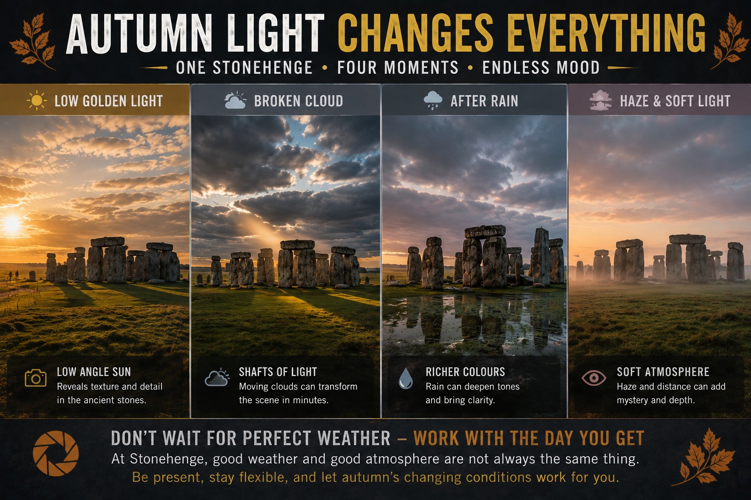 Four-panel Stonehenge autumn photography guide showing low golden sunlight, broken cloud, wet conditions after rain and soft atmospheric haze around the monument.