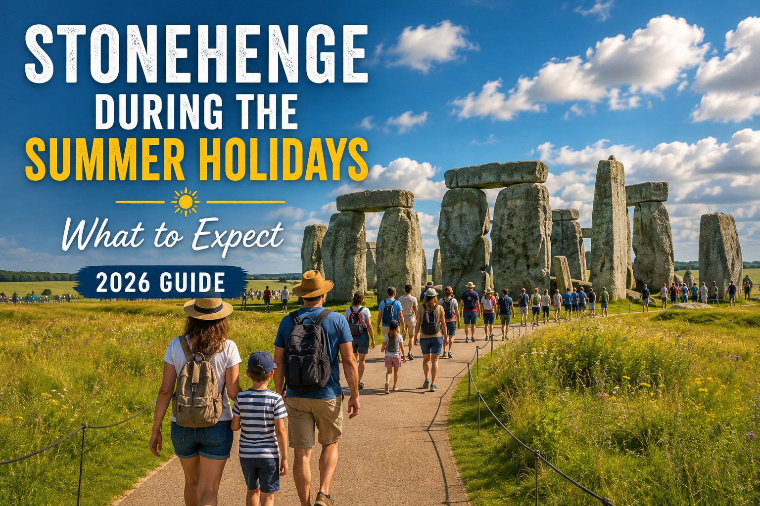 A bright summer scene at Stonehenge showing families, couples and independent travellers walking towards the ancient stone circle beneath blue skies, illustrating the welcoming atmosphere and vibrant visitor experience during the Summer Holidays.