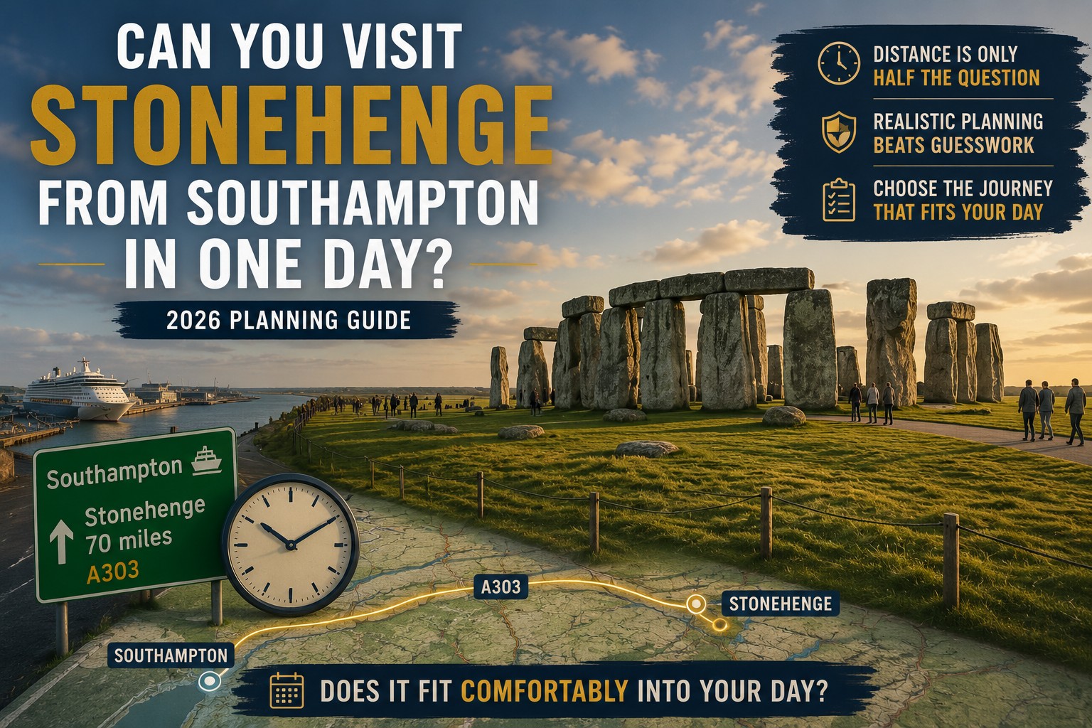 Stonehenge on Salisbury Plain with Southampton cruise imagery, journey map and clock graphics illustrating whether a Stonehenge visit can fit comfortably into a one-day Southampton itinerary.