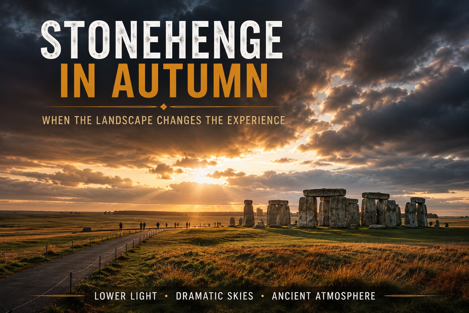 Stonehenge in dramatic autumn light beneath changing clouds on Salisbury Plain, with long shadows, warm low sunlight and scattered visitors around the monument.