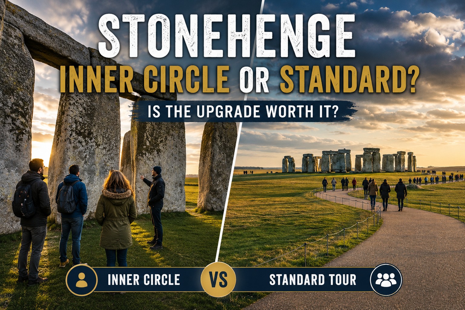 Stonehenge Inner Circle and standard tour comparison showing visitors close to the stones alongside the wider standard visitor experience.