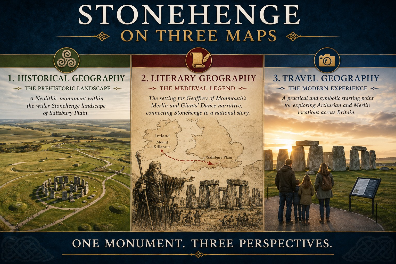 Three-panel educational infographic showing Stonehenge through the perspectives of historical geography, medieval literary geography and modern travel geography, illustrating how one prehistoric monument became an archaeological treasure, a setting for Merlin's legend and a gateway for exploring Britain's legendary landscapes.
