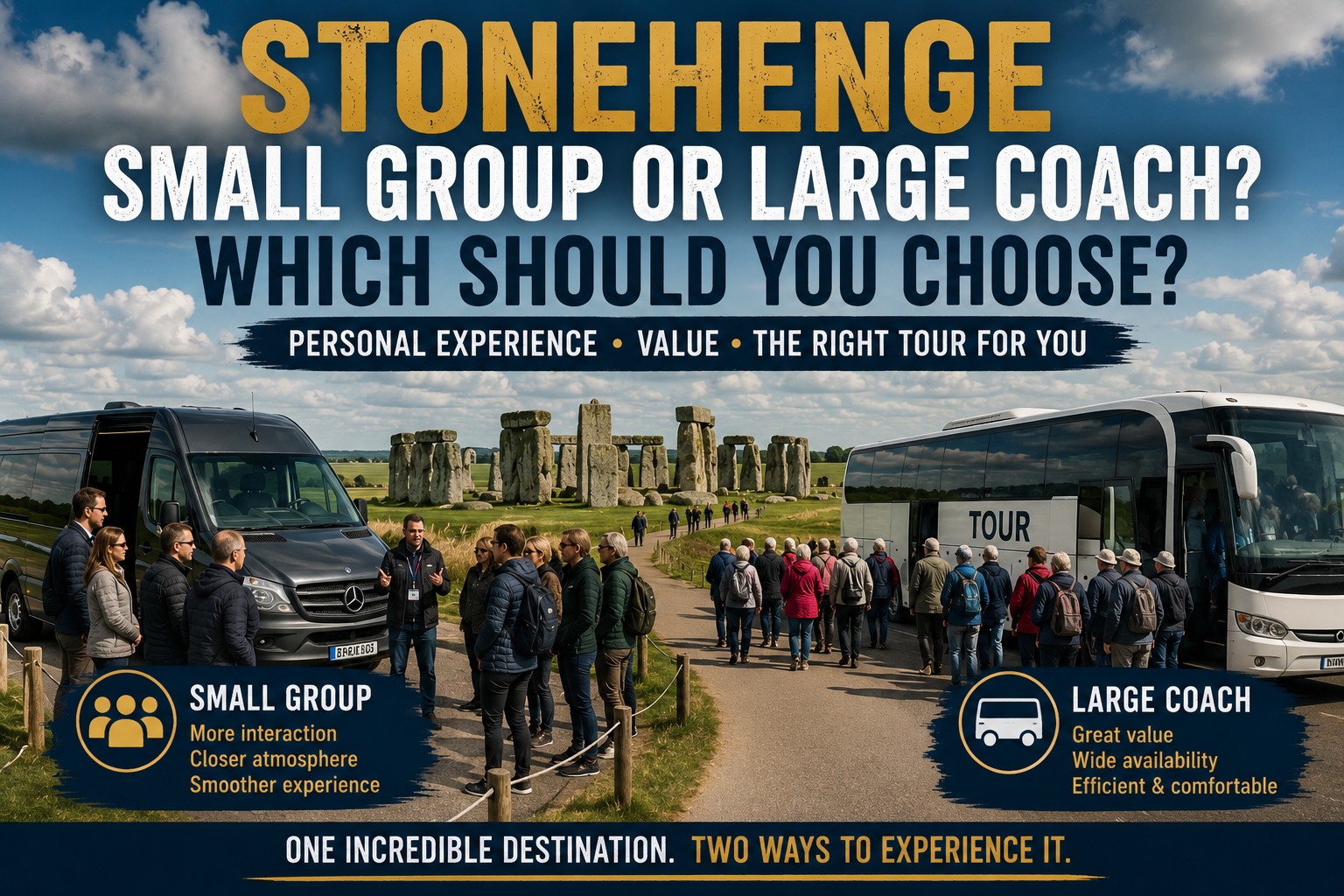 Stonehenge small-group and large-coach tour comparison showing a minibus group and full-size coach with visitors near the monument.