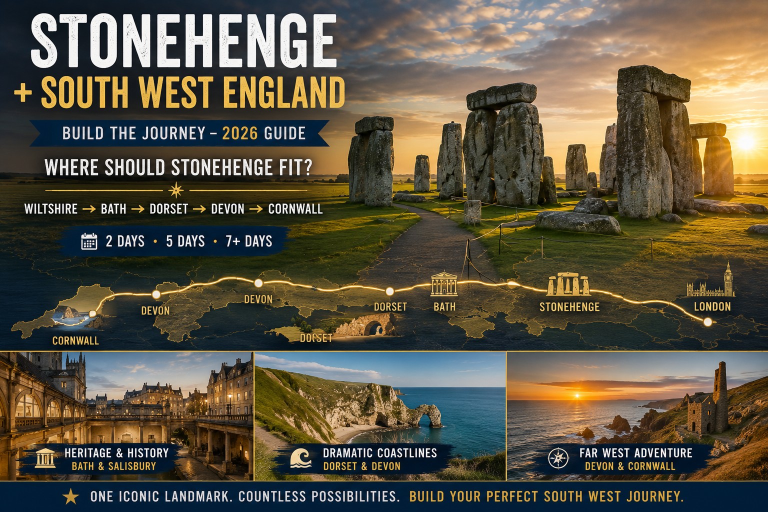 Stonehenge with a South West England journey map highlighting Bath, Dorset, Devon and Cornwall for a multi-day touring itinerary.