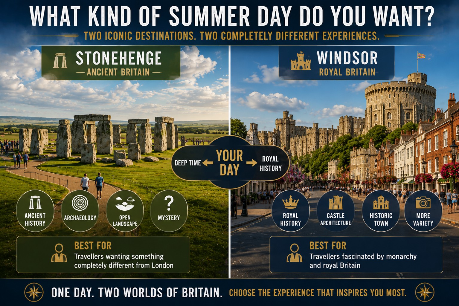 Split Stonehenge and Windsor summer comparison showing the prehistoric stone circle and open landscape alongside Windsor Castle and the historic town, with visitor decision points for each destination.