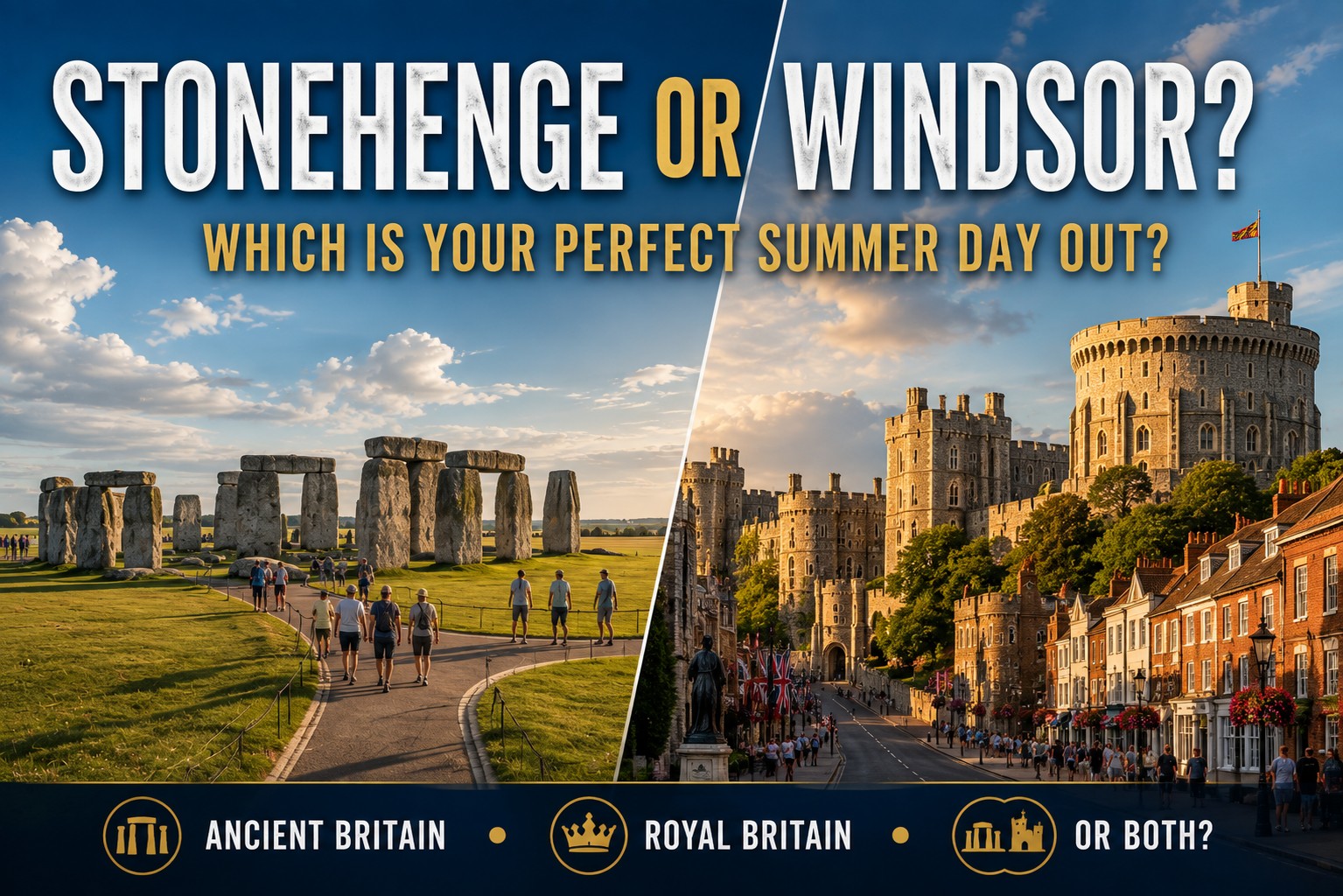 Split comparison showing realistic Stonehenge on Salisbury Plain and Windsor Castle with the historic town, contrasting ancient Britain with royal Britain for a summer day trip.