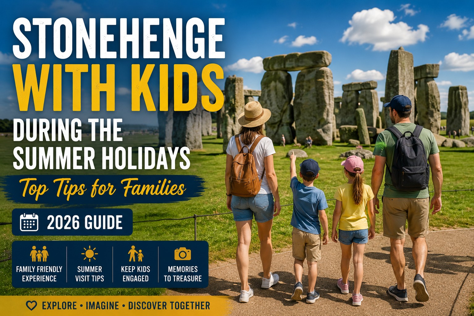A bright summer family scene at Stonehenge showing parents and two young children walking towards the ancient stone circle, with one child pointing excitedly at the towering stones beneath blue skies, illustrating the sense of curiosity and shared discovery that makes Stonehenge an unforgettable family day out during the Summer Holidays.