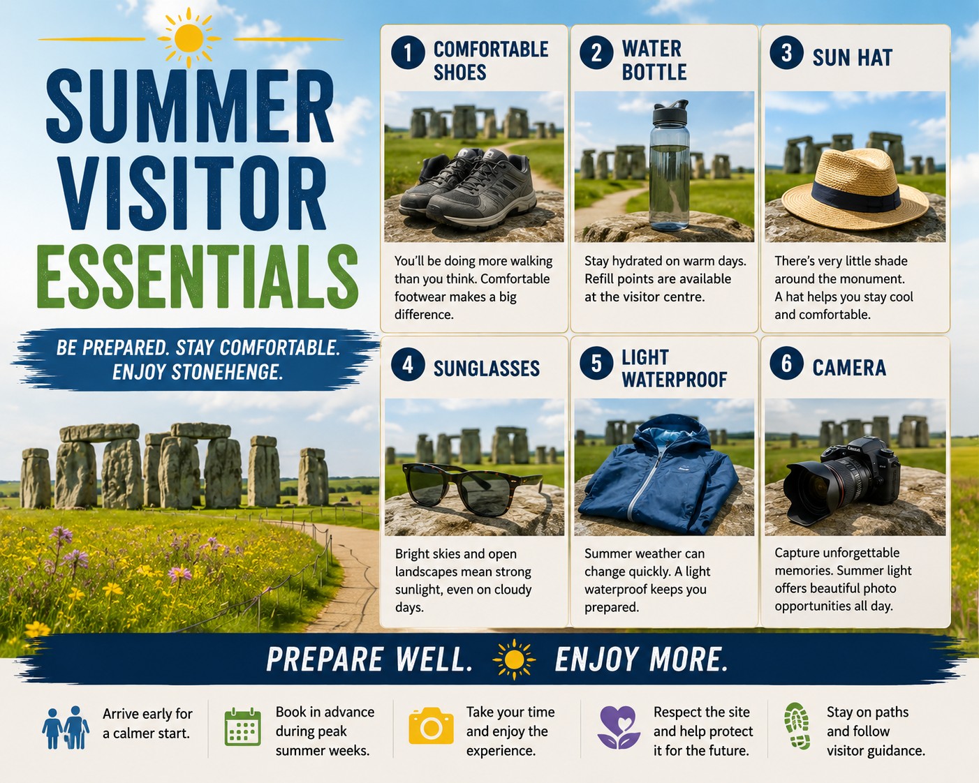 A practical summer travel infographic highlighting six essential items for visiting Stonehenge during the Summer Holidays, including comfortable walking shoes, a reusable water bottle, a sun hat, sunglasses, a lightweight waterproof jacket and a camera, all set against a bright summer view of the ancient stone circle.