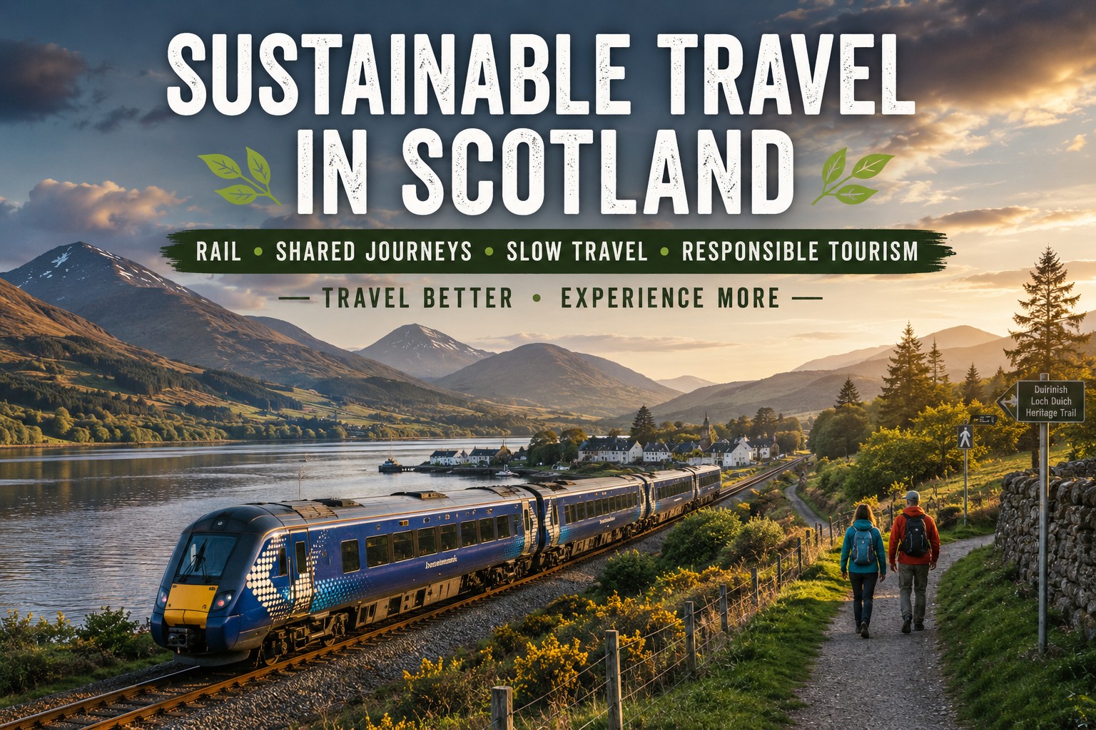 Passenger train travelling beside a Scottish Highland loch with mountains, a small village and walkers following a countryside trail.